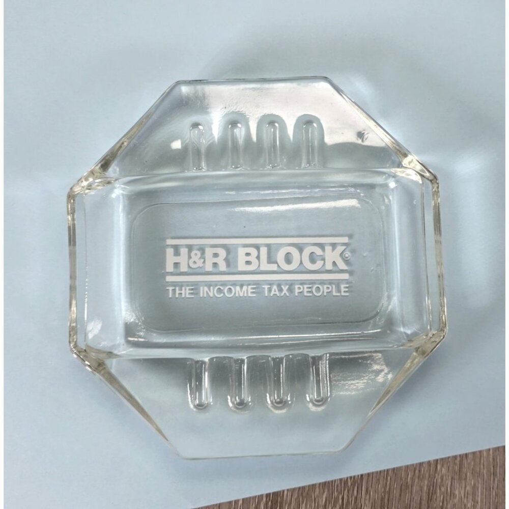 H&R Block Vintage Glass Ashtray The Income Tax People | Clear | Paper Weight